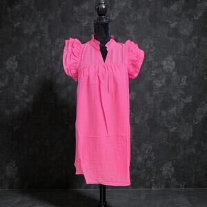 UMGEE - Layered Ruffle Sleeve Split Neck Dress - Fuchsia